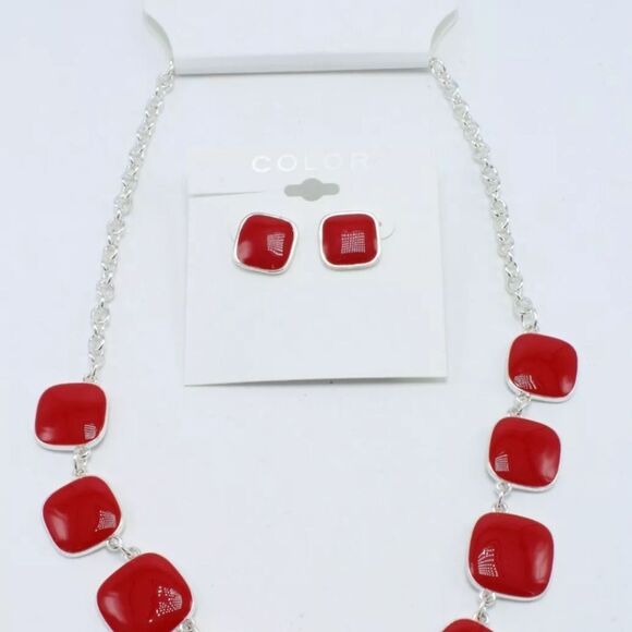 Silver Necklace & Earrings with Gloss Red Enamel NWT 18" - Picture 2 of 5